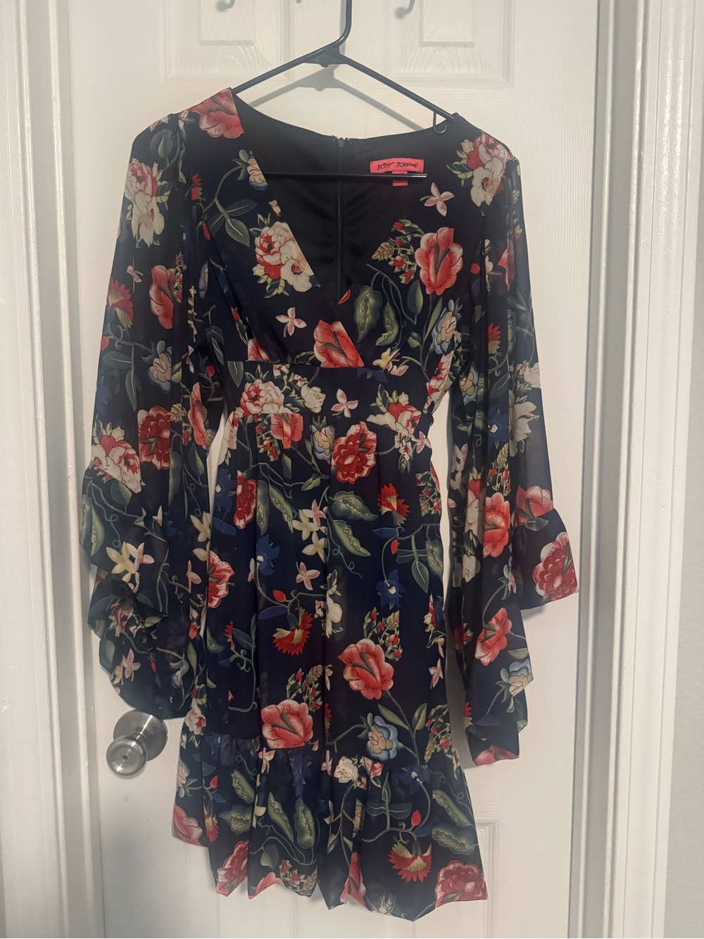 Betsey Johnson Navy Floral Bell Sleeve Ruffle Dress XS